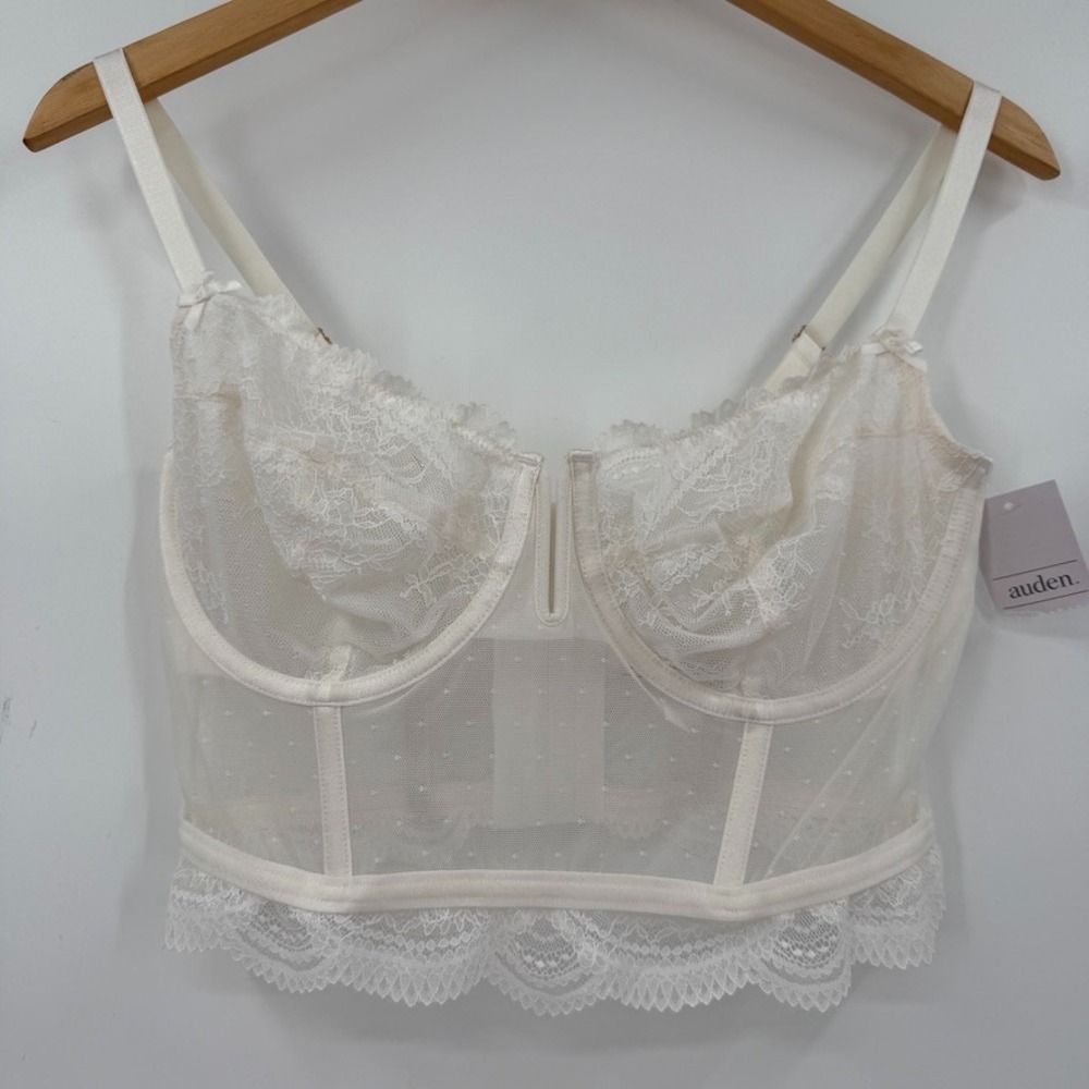 Auden Bustier Corset Top Womens Large White‎ Lace Mesh Longline Bra Underwire